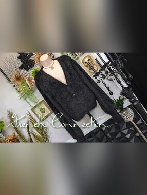 French Connection Faux Fur Lantern Sleeve Crop Cardigan Sweater XL NWT